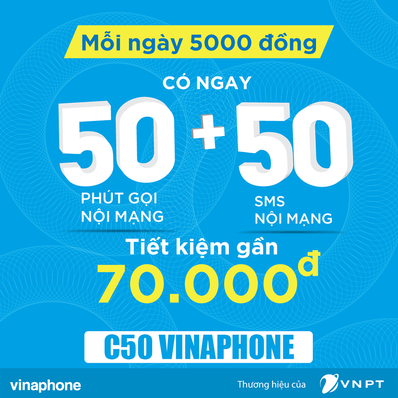 Đăng Ký Gói C50 Vinaphone có 50 phút nội mạng, 50SMS giá 5k