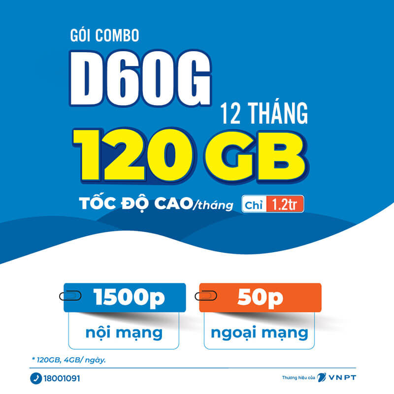 Đăng Ký gói D60G 12T Vinaphone có 4GB/Ngày & 18.000p nội mạng 1 Năm