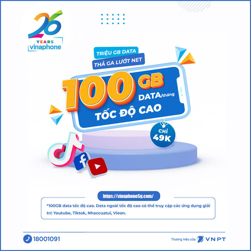 Đăng Ký Gói TD49 Vinaphone giá 49k 1 tháng có 100GB Data