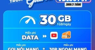 Gói VD100Y 3T Vinaphone chỉ 300k/3 tháng có 30GB & FREE data Youtube