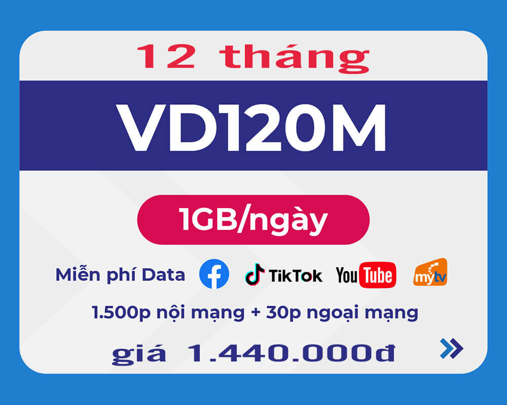 Đăng ký gói VD120M 12T Vinaphone có 1GB/ngày, gọi thoại & Data MXH