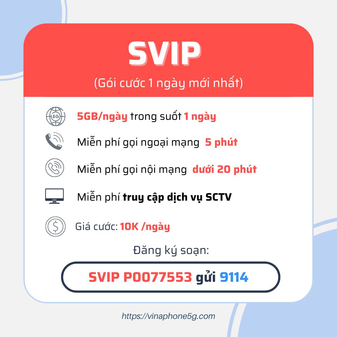 Đăng ký gói SVIP Vinaphone có 5GB Data giá rẻ 10k 1 ngày